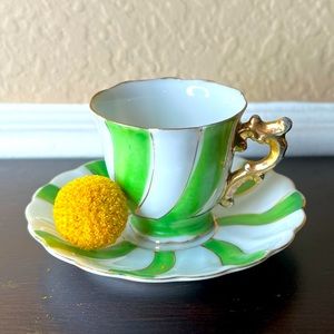Vintage Midcentury Japan Demitasse Cup and Saucer, Green Candy Stripe, Gilt, Iri